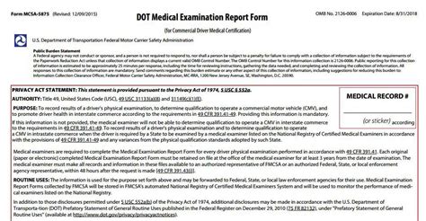 cdl drivers dot physical exam form   medical card certificate