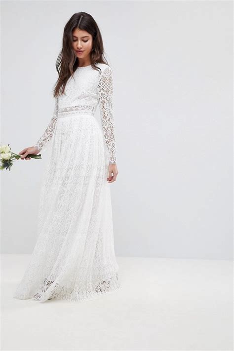 Lace Long Sleeve Crop Top Maxi Wedding Dress Chic