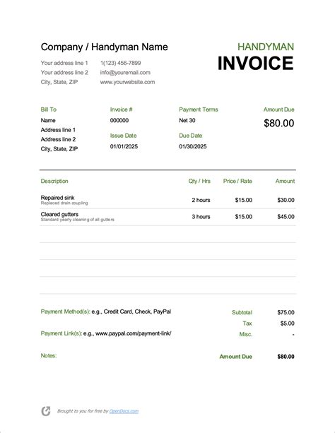 handyman invoice template  word excel