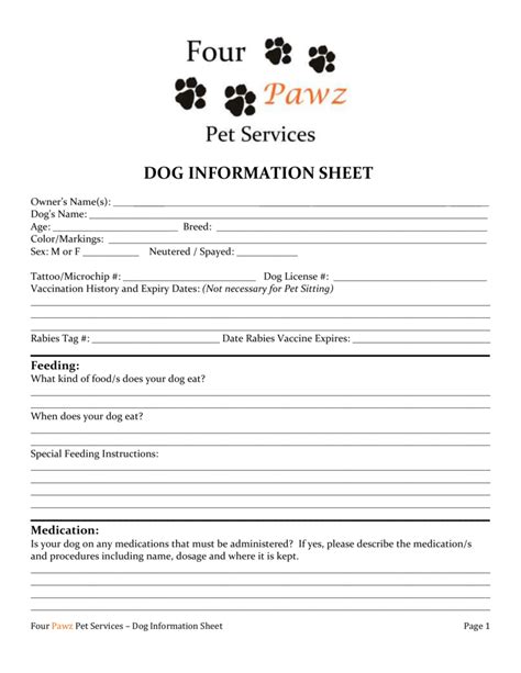 dog information sheet  pawz pet services