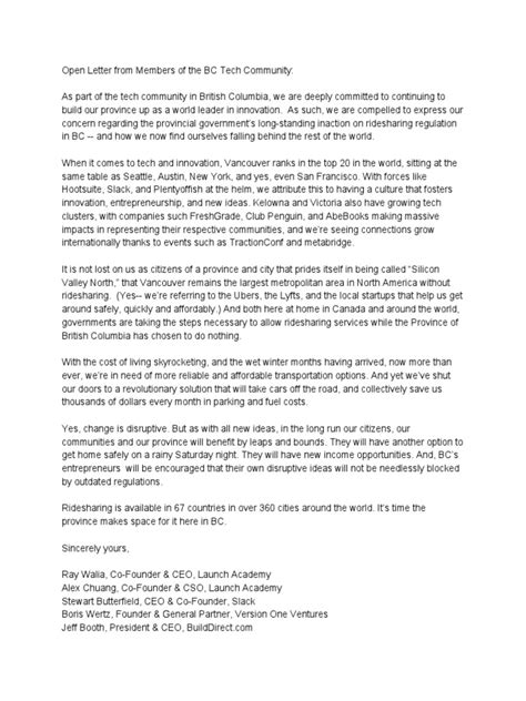 uber support open letter  members   bc tech community
