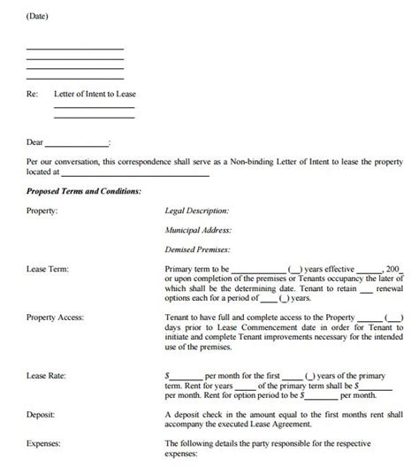 letter  intent  lease templates word excel templates letter