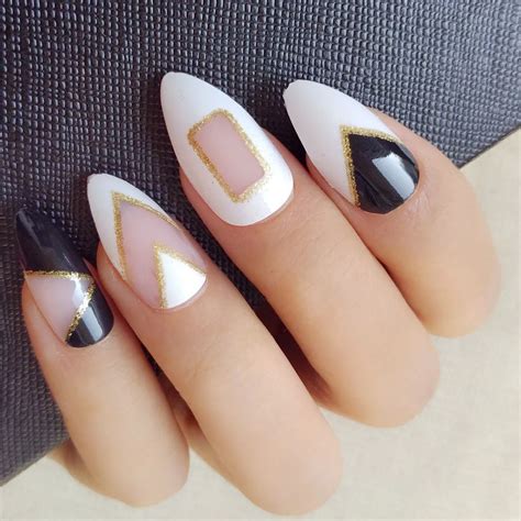 clear black white short stiletto nails glitter acrylic fake nails angle patterns full cover