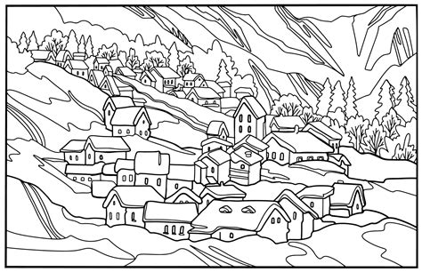 coloring book lovely landscapemountains  village  winter valley