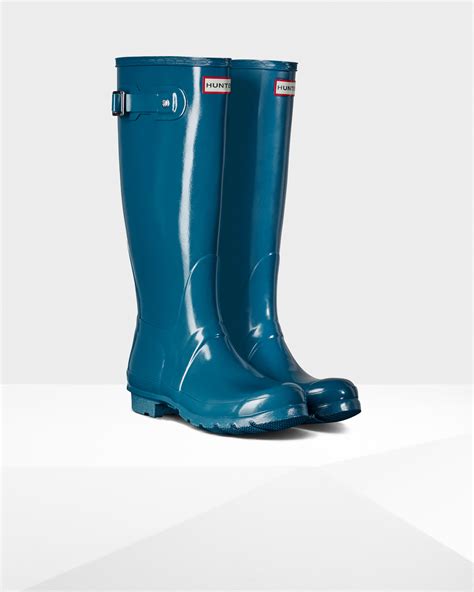 hunter womens original tall gloss rain boots  blue lyst