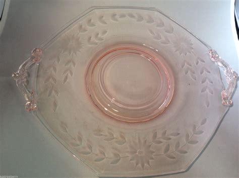 vtg pink depression glass etched floral pattern serving plate dish