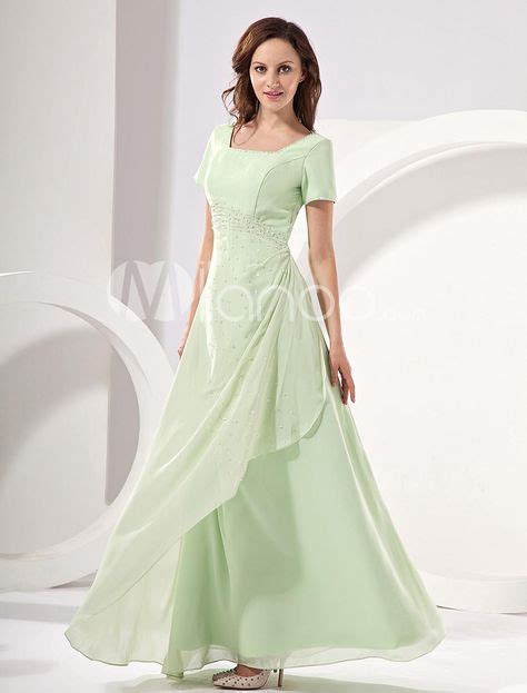 Sage Short Sleeves Chiffon Mother Of Bride And Groom Dress