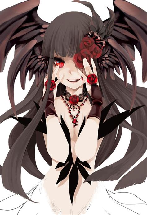 anime girl demon with black hair red eyes choker gloves roses wings anime original