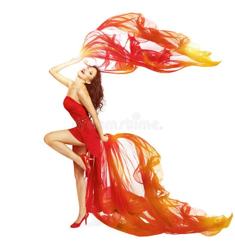 Woman Dancing In Red Dress Cloth Flying Waving Dance Wind Stock Image