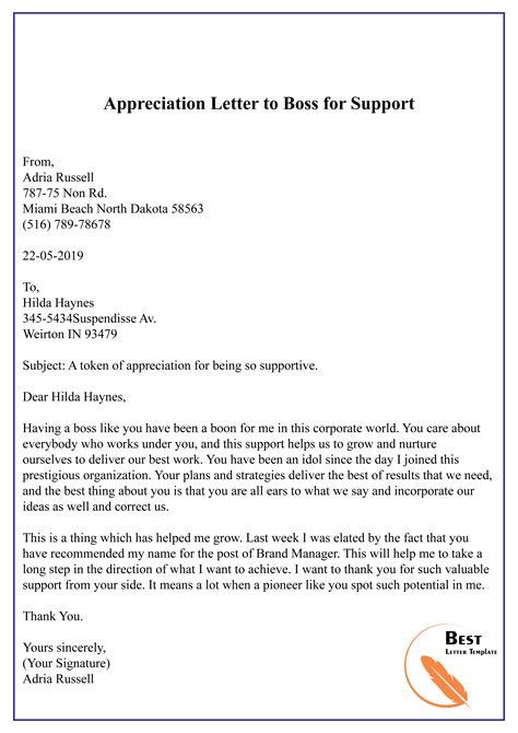 appreciation letter  boss  support   letter template