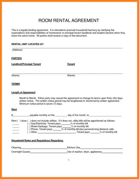 printable room rental agreement  printable templates