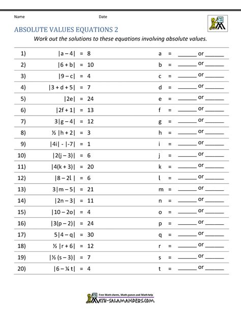 solving absolute  equations worksheet word worksheet