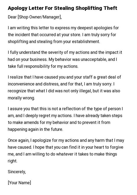 apology letter  stealing shoplifting theft