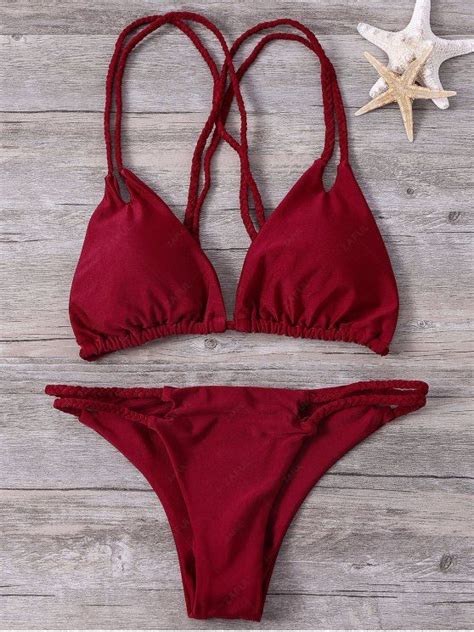 [25 Off] 2021 Double Strap Braided Bikini Set In Wine Red Zaful