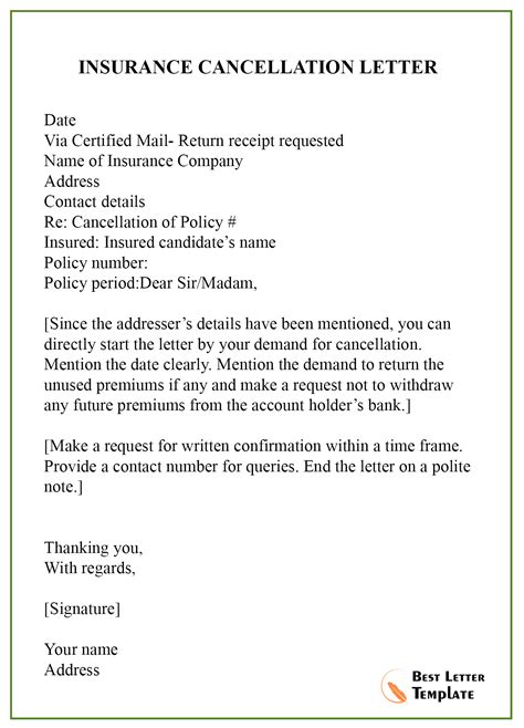 sample letter  cancel insurance policy collection letter template