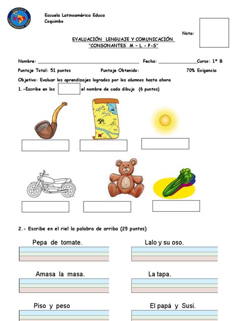 evaluacion consonantes m y l s p primero b