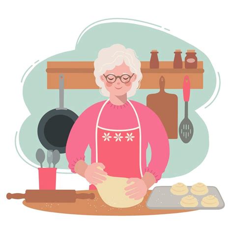 Grandma Is In The Kitchen Rolling Out Dough For Buns Illustration Of