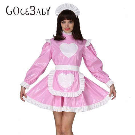 forced sissy girl maid heart shaped pattern lockable pink dress costume