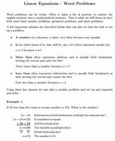 linear equations worksheet   sample word problem worksheet