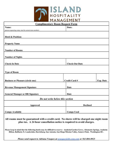 complimentary hotel form fill  printable  forms