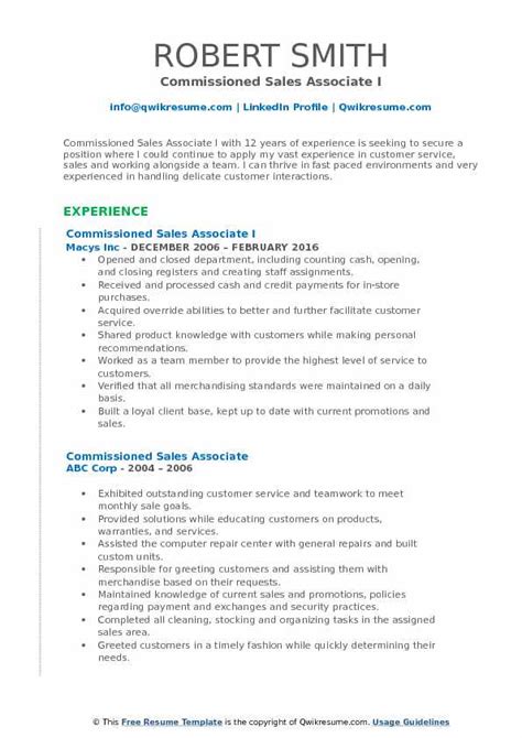 Commissioned Sales Associate Resume Samples Qwikresume