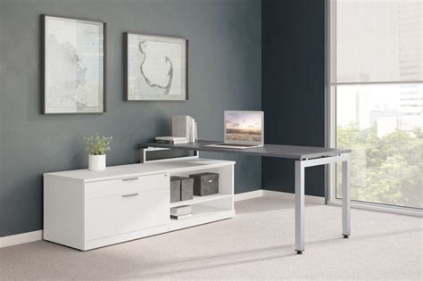 modern  shaped desk  shelves newport gray white elements