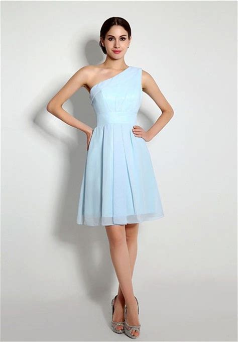 cute    shoulder light blue chiffon bridesmaid party dress