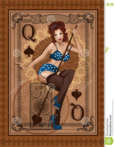Playing Card Design Queen Of Spades Retro Pin Up Style