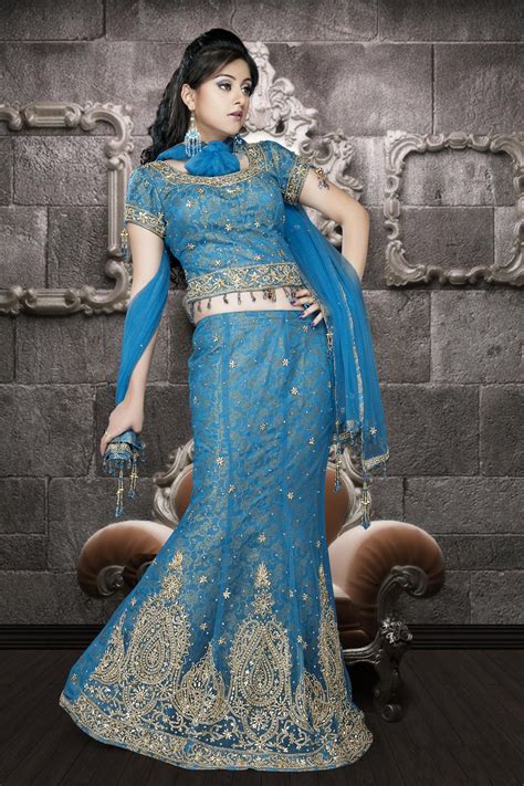 Blue Brocade And Net Bridal Lehenga 16037 With Unstitched Blouse