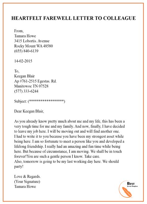 sample heartfelt farewell letter  colleague  letter template