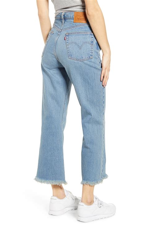 levis denim ribcage super high waist frayed crop flare jeans  blue