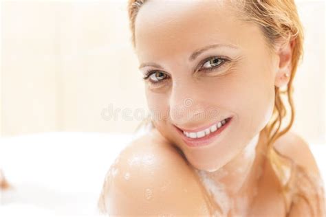 Face Closeup Happy Smiling Caucasian Blond Woman Taking Bath Stock