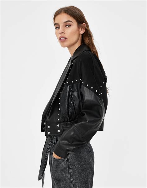 faux leather jacket  studs  woman bershka