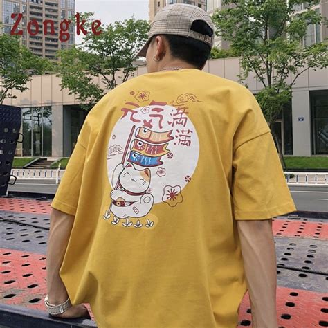 zongke japanese harajuku t shirt men cat printed streetwear loose men t