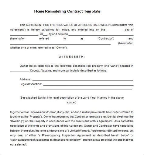 home remodeling contract template   word  documents