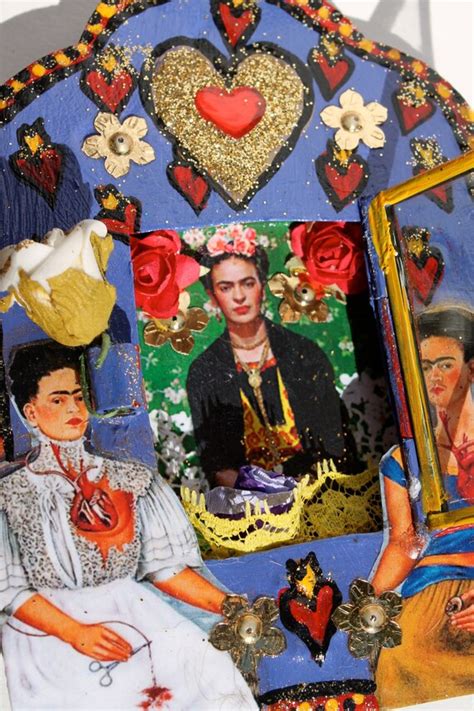 frida kahlo and heart mexican tin nicho bright blue and red