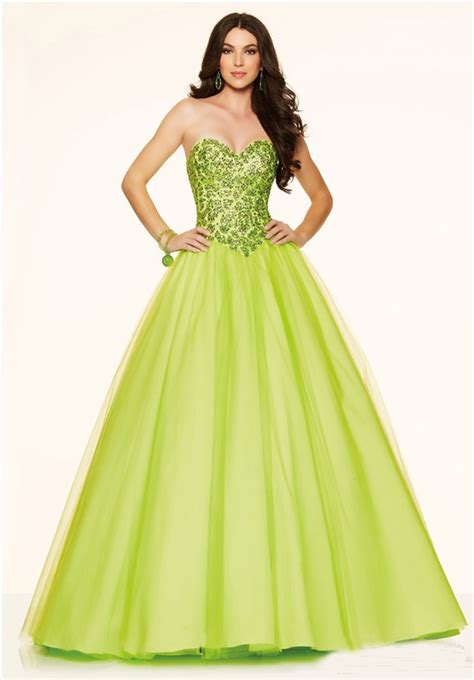 ball gown strapless corset  lime green tulle beaded prom dress