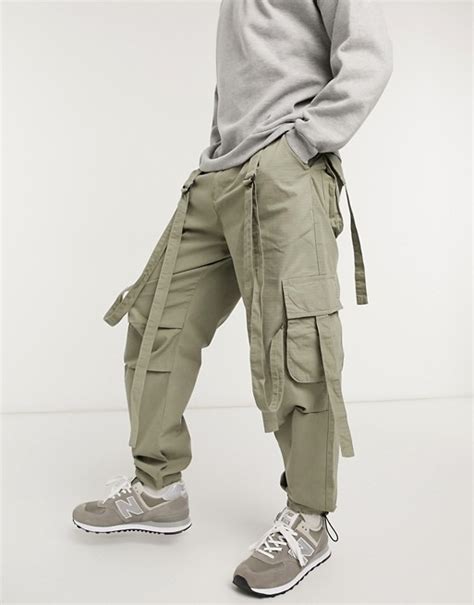 asos design cargo pants  green  strapping asos