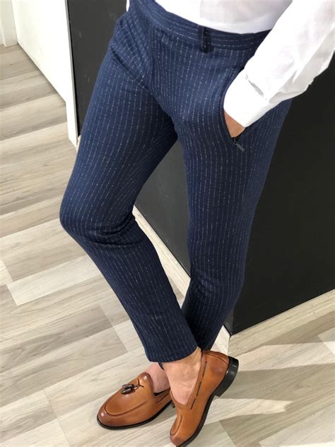 buy navy blue slim fit striped pants  gentwithcom   shipping