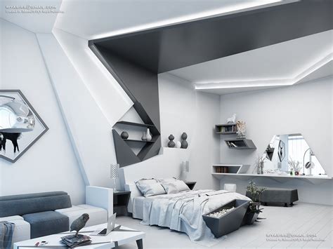 a modern bedroom with white walls and flooring is pictured in this