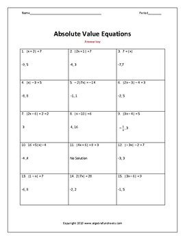 solving absolute  equations worksheet  algebra funsheets tpt