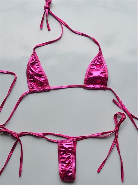 2021 Sexy Women Leather Metallic Pink Bra Top And G String