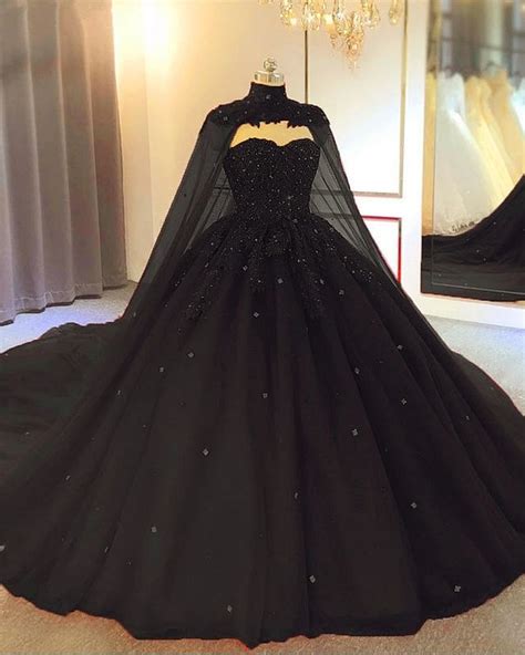 Sppliques Beaded Ball Gown Sleeveless Black Weddng Dresses With Cape