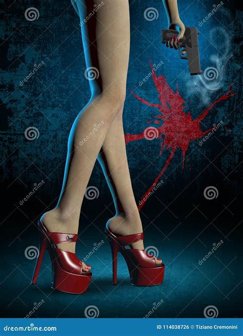 Girl`s Long Legs With Red High Heel Shoes A Gun In The Hand Stock