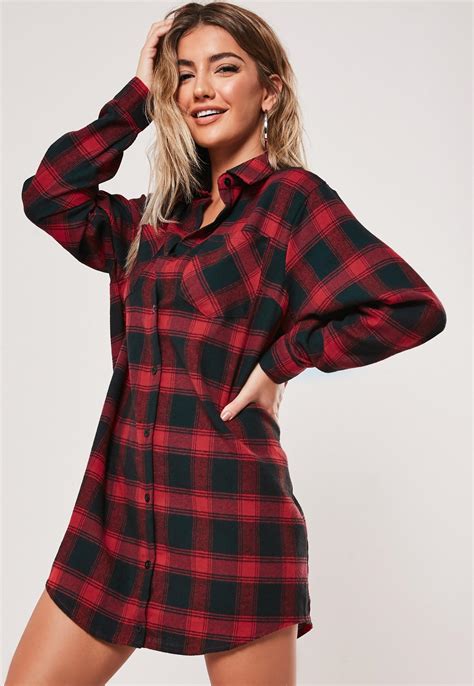 red oversized plaid shirt dress missguided