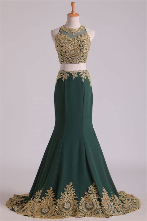dark green mermaid  piece prom dresses scoop sweepbrush chiffon  gold applique