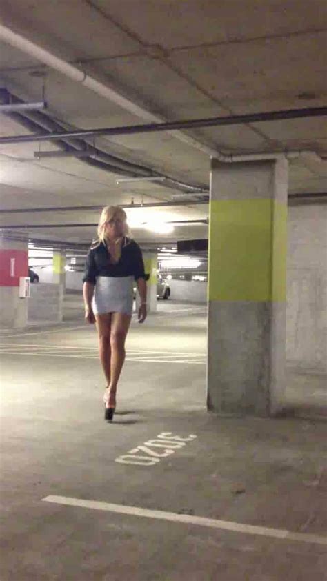 hot blonde crossdresser in heels and short skirt