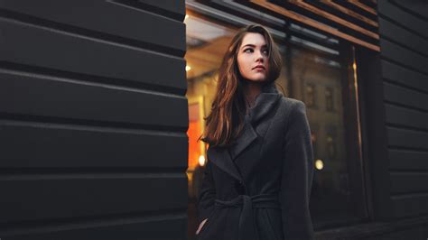 Grey Coat Looking Into The Distance Brunette Urban Long Hair Red