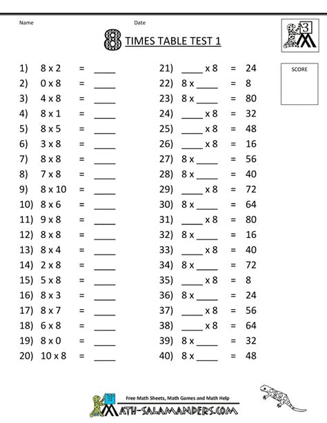 multiplication facts worksheets  times table test