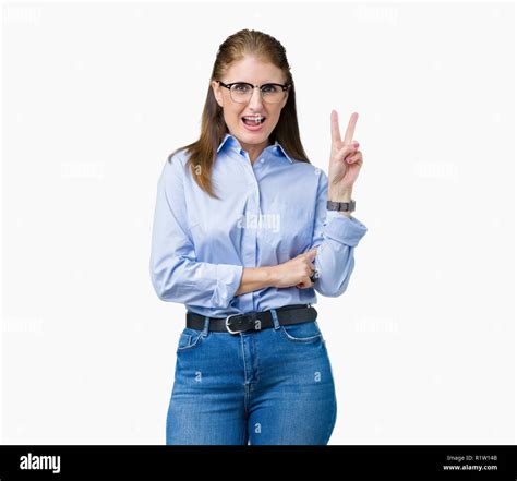 Beautiful Middle Age Mature Business Woman Wearing Glasses Over